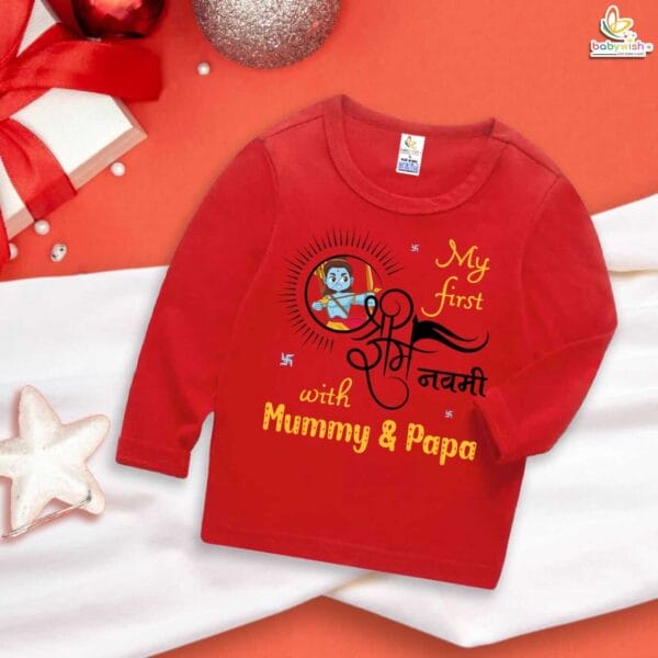 My First Ram Navami Baby T-Shirt – Full Sleeve “My First Ramnavmi with Mummy & Papa” Outfit for Infant Boy or Girl – Traditional Hindu Festival Clothing – Babywish - Image 2