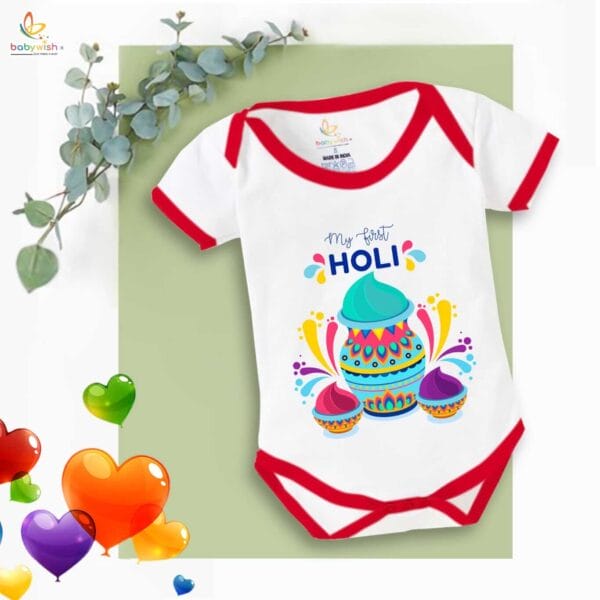 Baby First Holi Romper Clothes Baby holi festival Bodysuits Newborn Outfit Envelop Neck Half Sleeve Unisex Onesies "First Colorful Holi" - Image 2