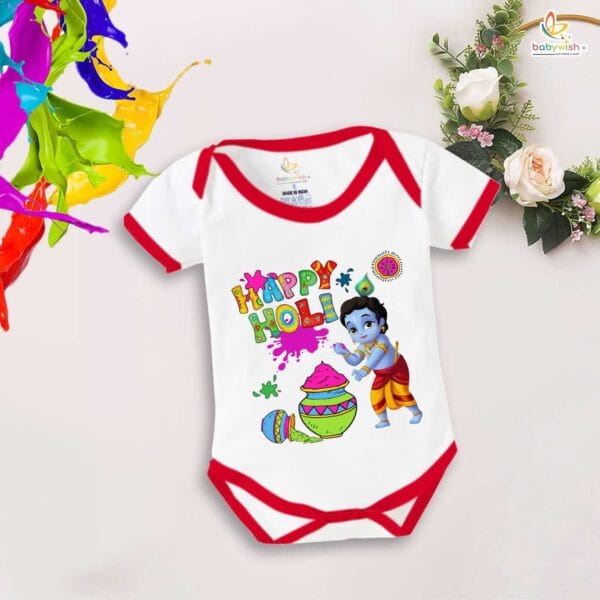 Baby First Holi Romper Clothes Baby holi festival Bodysuits Newborn Outfit Envelop Neck Half Sleeve Unisex Onesies "Holi Celebrations with Kanha" - Image 2