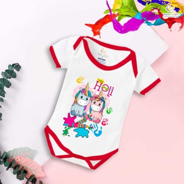 Baby First Holi Romper Clothes Baby holi festival Bodysuits Newborn Outfit Envelop Neck Half Sleeve Unisex Onesies "Holi Celebrations with Unicorn" - Image 2