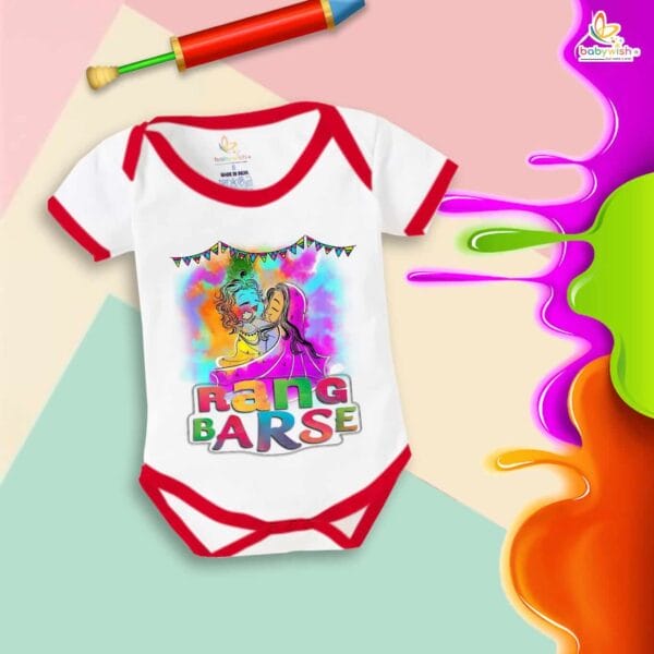 Baby First Holi Romper Clothes Baby holi festival Bodysuits Newborn Outfit Envelop Neck Half Sleeve Unisex Onesies "Rang Barse Holi Me" - Image 5