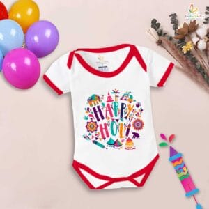 Baby First Holi Romper Clothes Baby holi festival Bodysuits Newborn Outfit Envelop Neck Half Sleeve Unisex Onesies "Happy Holi Jungle Print"