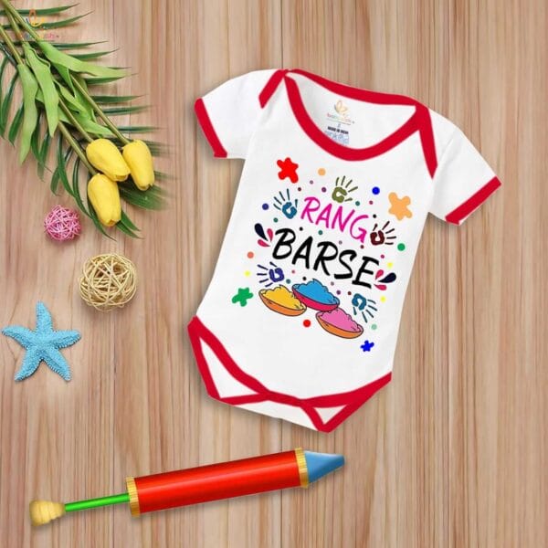 Baby First Holi Romper Clothes Baby holi festival Bodysuits Newborn Outfit Envelop Neck Half Sleeve Unisex Onesies "Rang Barse Holi Print" - Image 5