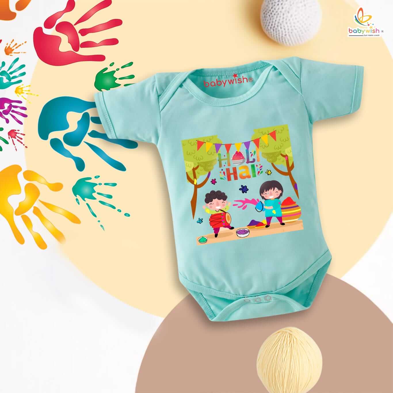 Baby First Holi Romper Clothes Baby holi festival Bodysuits Newborn Outfit Envelop Neck Half Sleeve Unisex Onesies "Happy Holi Hai Dosto"