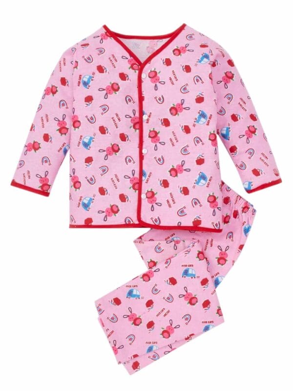 kids top bottom baby Jhabla Set Full Sleeve Pure Flannel kids tshirt Jhabla pajama set - Pink Nice Car Vector Print