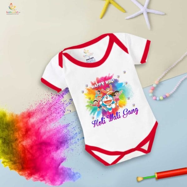 Baby First Holi Romper Clothes Baby holi festival Bodysuits Newborn Outfit Envelop Neck Half Sleeve Unisex Onesies "Happy Holi Cartoon Print" - Image 5
