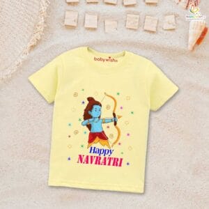 Ram Navmi T-shirt for Kids Unisex Navratri Topwear Outfit Printed Half Sleeve Tshirt Dress for Boy n Girl " Happy Navratri "