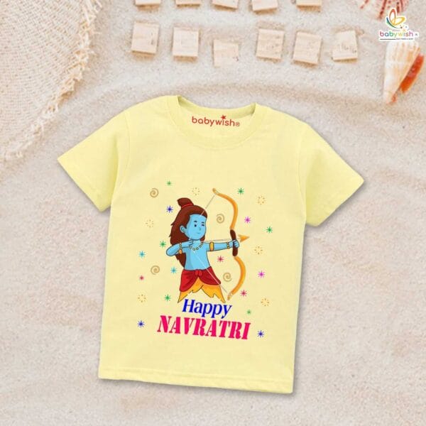 Ram Navmi T-shirt for Kids Unisex Navratri Topwear Outfit Printed Half Sleeve Tshirt Dress for Boy n Girl " Happy Navratri "