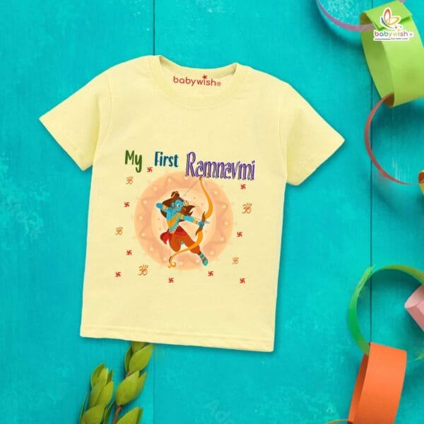 Ram Navmi T-shirt for Kids Unisex Navratri Topwear Outfit Printed Half Sleeve Tshirt Dress for Boy n Girl " My First Ram Navmi " - Image 4