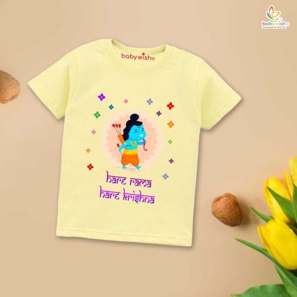 Ram Navmi T-shirt for Kids Unisex Navratri Topwear Outfit Printed Half Sleeve Tshirt Dress for Boy n Girl " Hare Rama Hare Krishna " - Image 4