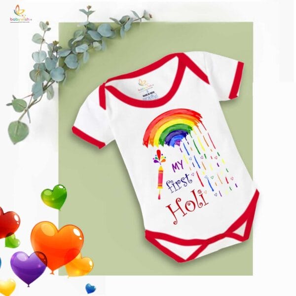 Baby First Holi Romper Clothes Baby holi festival Bodysuits Newborn Outfit Envelop Neck Half Sleeve Unisex Onesies "My First Holi Rainbow" - Image 5