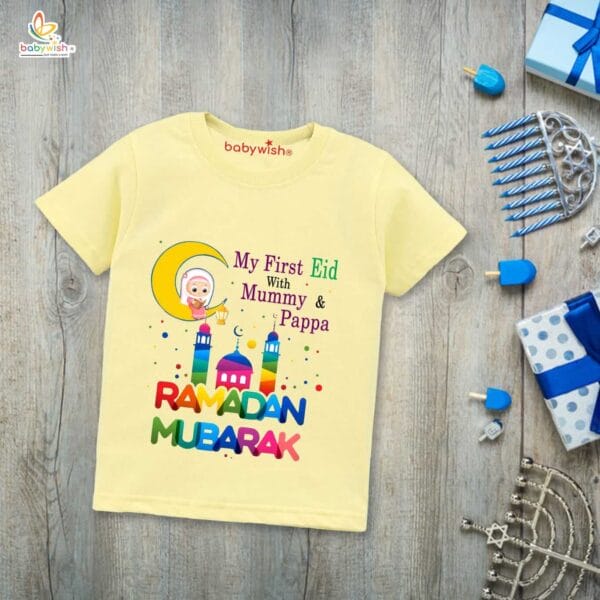 Eid T-shirt for Kids Unisex Ramadan Topwear Outfit Printed Half Sleeve Tshirt Dress for Boy n Girl "My First Eid with Mummy & Papa" - Image 4