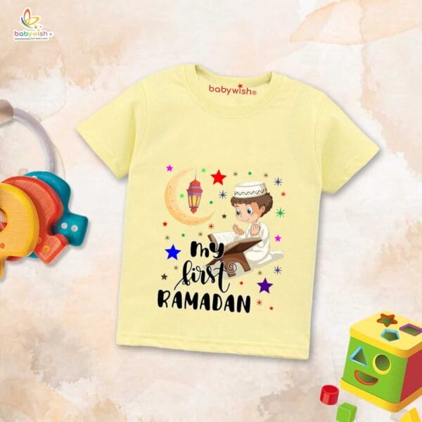 Eid T-shirt for Kids Unisex Ramadan Topwear Outfit Printed Half Sleeve Tshirt Dress for Boy n Girl " My First Ramadan Coloring Romper " - Image 4
