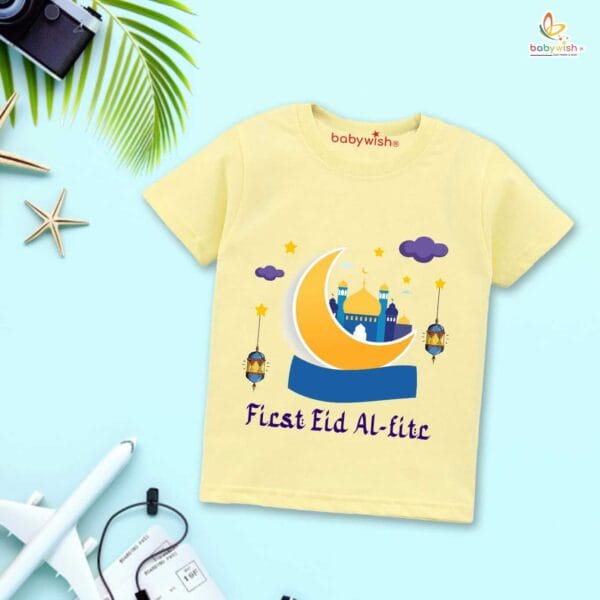 Eid T-shirt for Kids Unisex Ramadan Topwear Outfit Printed Half Sleeve Tshirt Dress for Boy n Girl " First Eid-Al-Adha " - Image 4