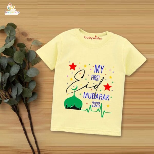 Eid T-shirt for Kids Unisex Ramadan Topwear Outfit Printed Half Sleeve Tshirt Dress for Boy n Girl " My First Eid Mubarak 2023 " - Image 4