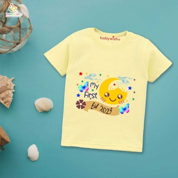 Eid T-shirt for Kids Unisex Ramadan Topwear Outfit Printed Half Sleeve Tshirt Dress for Boy n Girl " First Eid Festivals in 2023 " - Image 4