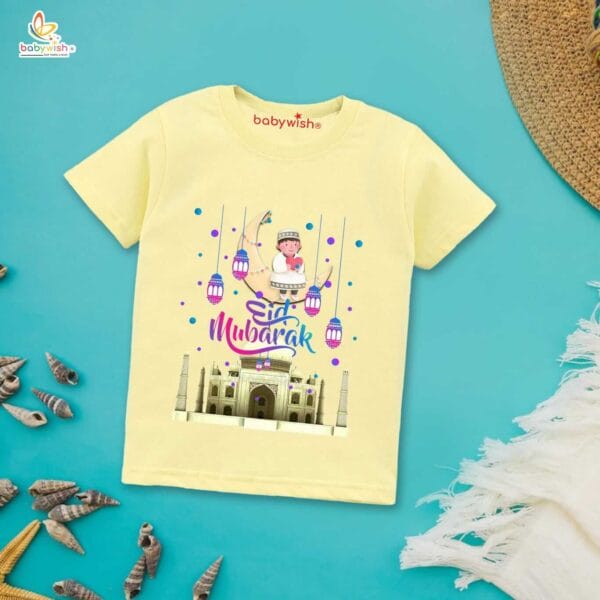 Eid T-shirt for Kids Unisex Ramadan Topwear Outfit Printed Half Sleeve Tshirt Dress for Boy n Girl " Eid Mubarak Taj Mahal Print " - Image 4