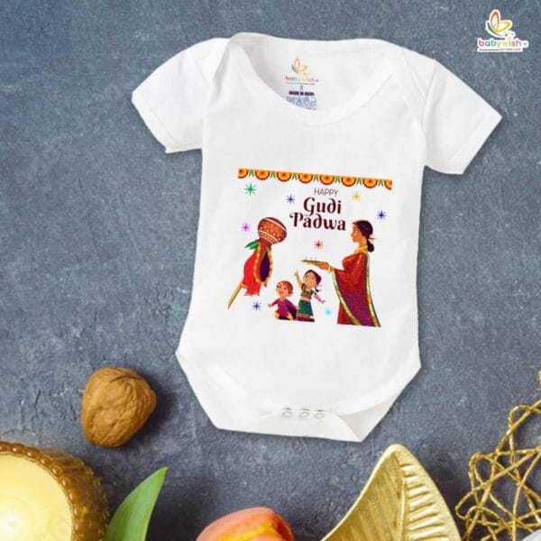 Baby First Gudi Padwa Romper Clothes Baby gudi padwa festival Bodysuits Newborn Outfit Envelop Neck Half Sleeve Unisex Onesies "Happy Gudi Padwa" - Image 5