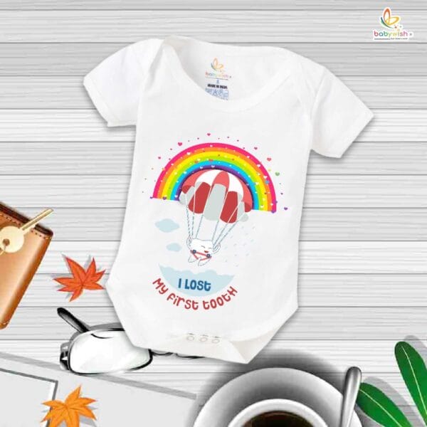 I Lost My First Tooth Rainbow Print Baby Romper – My First Tooth Bodysuit for Newborn & Infant | Colorful First Tooth Milestone Outfit – Babywish - Image 5
