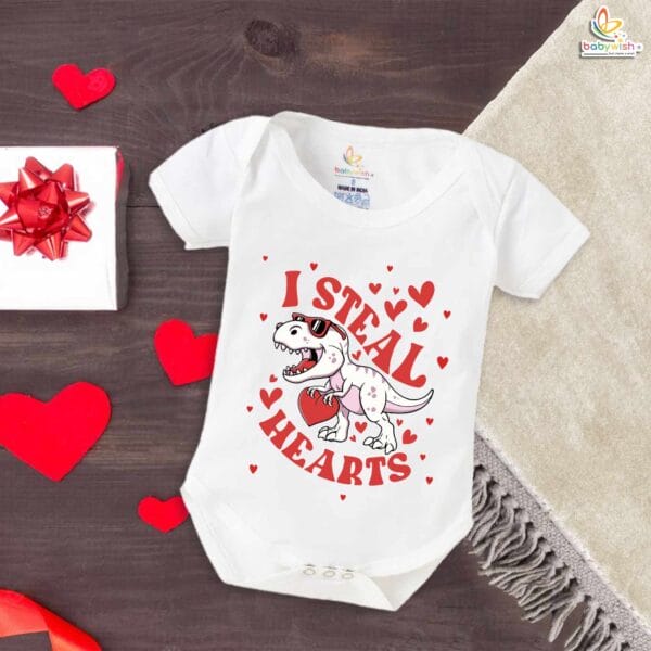 My First Valentine’s Day Romper | "I Steal Hearts" Dinosaur Baby Bodysuit for Boys & Girls – Babywish - Image 5