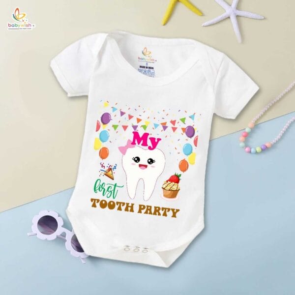 My First Tooth Romper with Ribbon Print | Baby Bodysuit for First Tooth Party & Milestone Photos – Babywish - Image 5