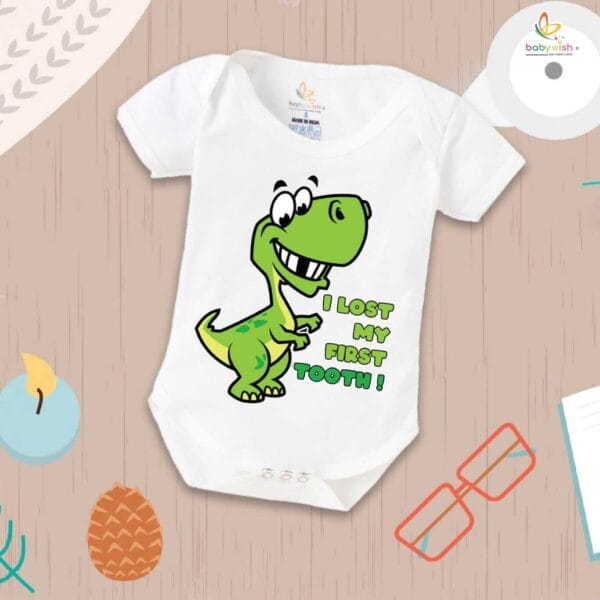 I Lost My First Tooth Baby Romper – Dinosaur Print Milestone Bodysuit for Boys & Girls | Soft Cotton First Tooth Outfit – Babywish - Image 5