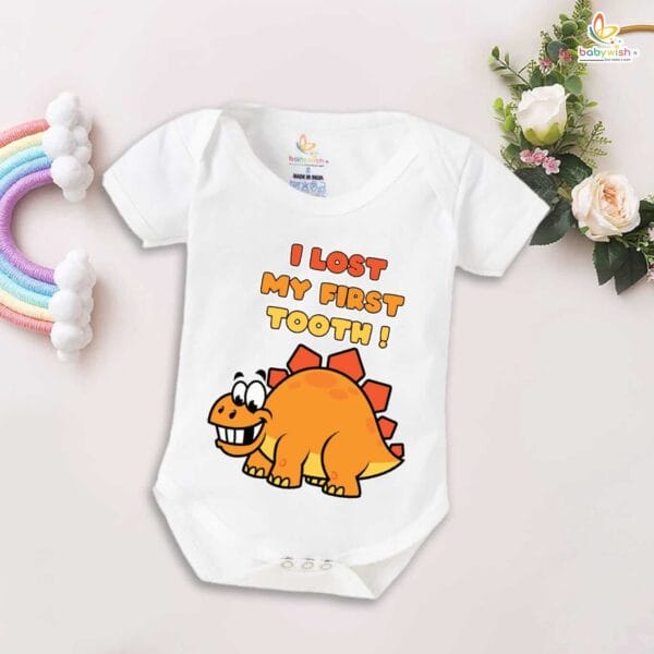 I Lost My First Tooth Baby Romper – Dino Print Milestone Bodysuit for Boys & Girls | Soft Cotton First Tooth Outfit – Babywish - Image 5
