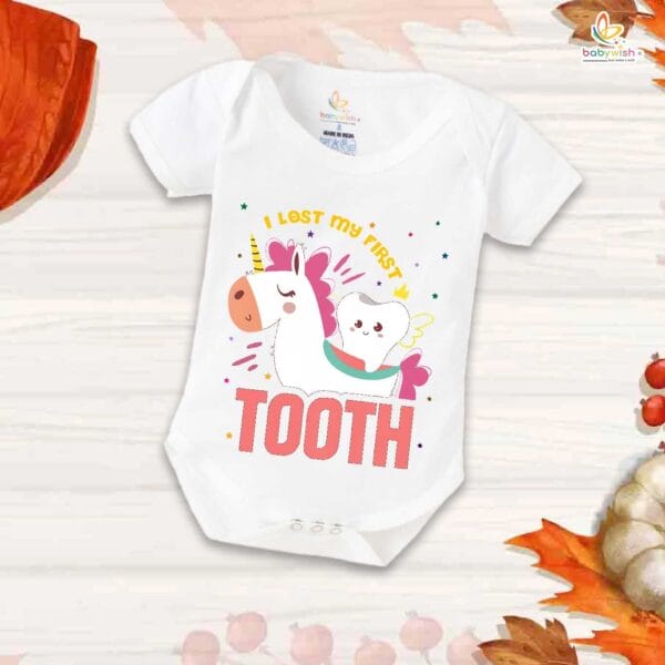 I Lost My First Tooth Baby Romper – Horse Print Milestone Bodysuit for Boys & Girls | Soft Cotton First Tooth Outfit – Babywish - Image 5