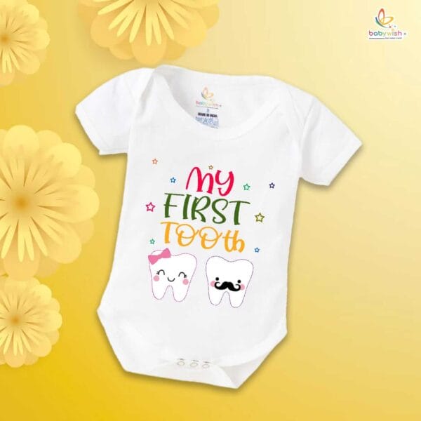 My First Tooth Baby Romper – Milestone Bodysuit with Boy & Girl Tooth Print | Soft Cotton Romper for Newborns & Infants – Babywish - Image 5
