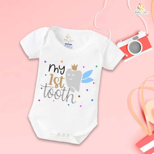 My 1st Tooth Baby Romper – “My First Tooth” Bodysuit with Star Print | Baby Milestone Outfit for Boys & Girls – Babywish - Image 5