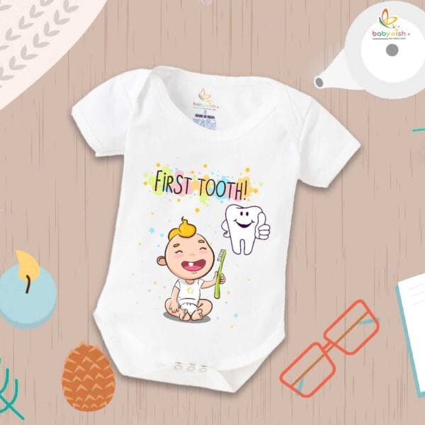 My First Tooth Romper with Baby Toothbrush Print – 1st Tooth Milestone Bodysuit for Newborn & Infant | Baby Romper Clothes – Babywish - Image 5