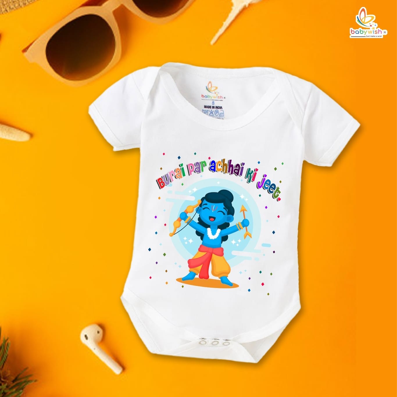 Baby First Ramnavmi Romper Onesies Clothes Baby Navratri festival Bodysuits Newborn Outfit Envelop Neck Half Sleeve Unisex Onesies" Burai par achhai ki Jeet "