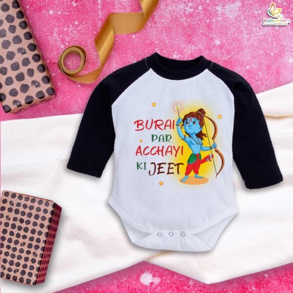 My First Ramnavmi Baby Romper – Full Sleeve Bodysuit “Burai Par Acchayi Ki Jeet” – Traditional Infant Outfit for Ram Navami Festival Celebration – Babywish - Image 3