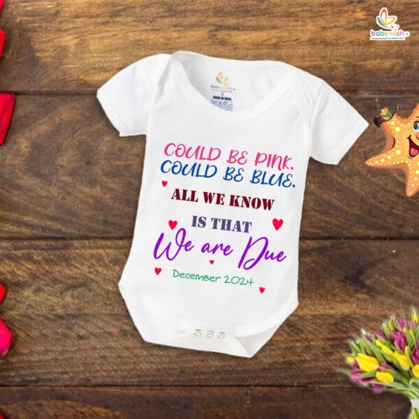 Pregnancy Announcement Baby Romper – Could Be Pink Could Be Blue All We Know Is That We’re Due Bodysuit – Gender Reveal Outfit for Baby Girl or Boy – Babywish - Image 3