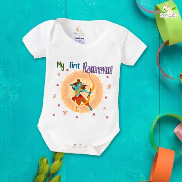 Baby First Ramnavmi Romper Onesies Clothes Baby Navratri festival Bodysuits Newborn Outfit Envelop Neck Half Sleeve Unisex Onesies" My First Ram Navmi " - Image 2