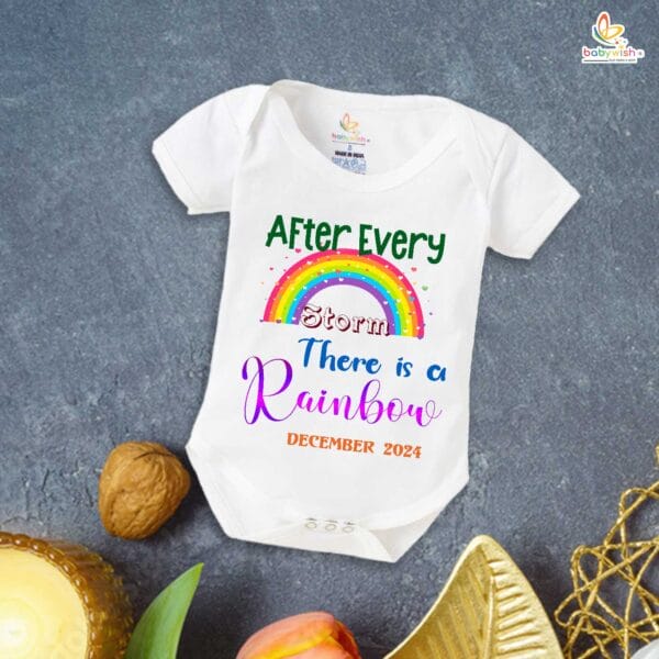 Rainbow Baby Announcement Romper – After Every Storm There Is a Rainbow Bodysuit for Pregnancy Reveal – Newborn Baby Girl or Boy Outfit – Babywish - Image 3