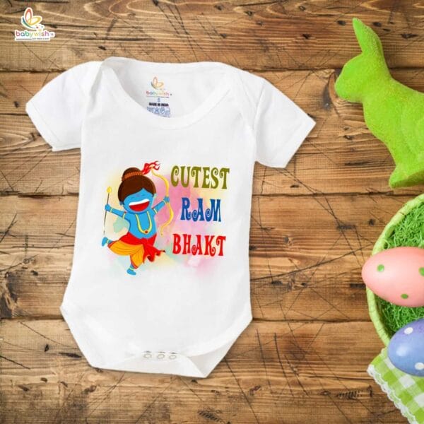 Baby First Ramnavmi Romper Onesies Clothes Baby Navratri festival Bodysuits Newborn Outfit Envelop Neck Half Sleeve Unisex Onesies" Cutest Ram Bhakt " - Image 2
