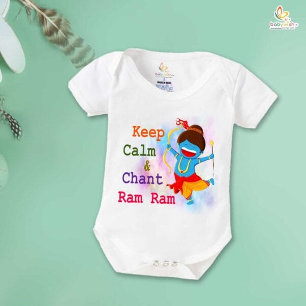 Baby First Ramnavmi Romper Onesies Clothes Baby Navratri festival Bodysuits Newborn Outfit Envelop Neck Half Sleeve Unisex Onesies" Keep Calm & Chant Ram Ram " - Image 2