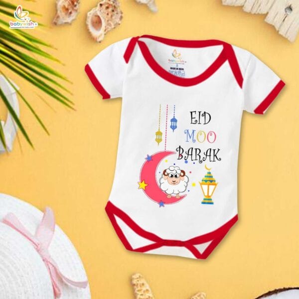 Baby First Eid Romper Clothes Baby Ramadan festival Bodysuits Newborn Outfit Envelop Neck Half Sleeve Unisex Onesies "Eid Moo Barak" - Image 4