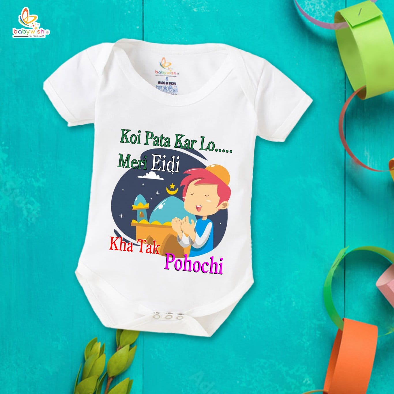 Baby First Eid Romper Clothes Baby Ramadan festival Bodysuits Newborn Outfit Envelop Neck Half Sleeve Unisex Onesies " Koi Pata Kar Lo Meri Eidi Kha Tak Pahochi "