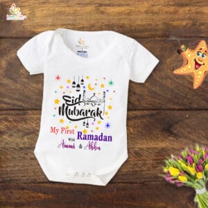 Baby First Eid Romper Clothes Baby Ramadan festival Bodysuits Newborn Outfit Envelop Neck Half Sleeve Unisex Onesies " Ramadan with Ammi Abbu "