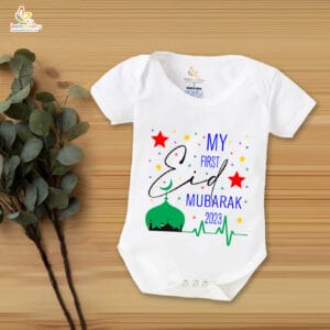 Baby First Eid Romper Clothes Baby Ramadan festival Bodysuits Newborn Outfit Envelop Neck Half Sleeve Unisex Onesies " My First Eid Mubarak 2023 "