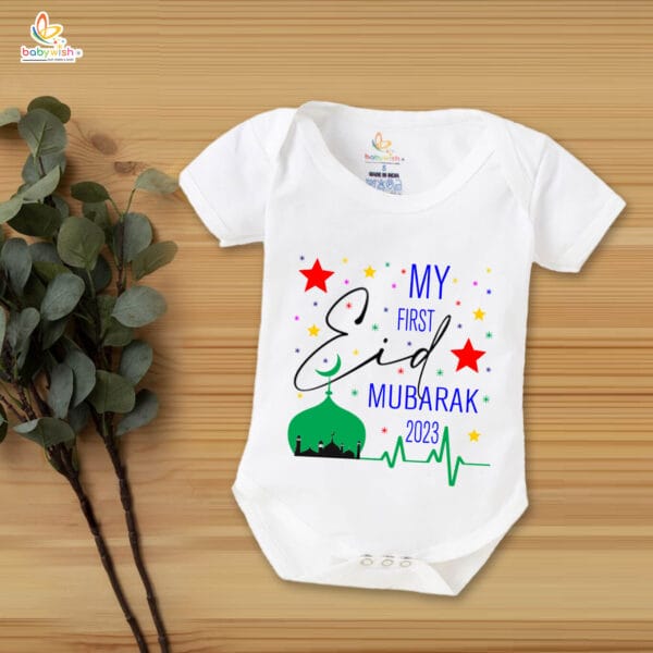 Baby First Eid Romper Clothes Baby Ramadan festival Bodysuits Newborn Outfit Envelop Neck Half Sleeve Unisex Onesies " My First Eid Mubarak 2023 "