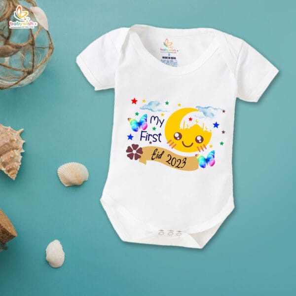 Baby First Eid Romper Clothes Baby Ramadan festival Bodysuits Newborn Outfit Envelop Neck Half Sleeve Unisex Onesies " First Eid Festivals in 2023 "