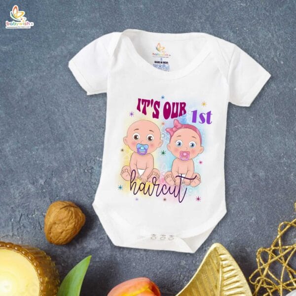 Newborn mundan ceremony clothes Bodysuit romper for Unisex Onesies Infant Half Sleeve | It's Our First Hair Cut Twins Printed | - Image 2