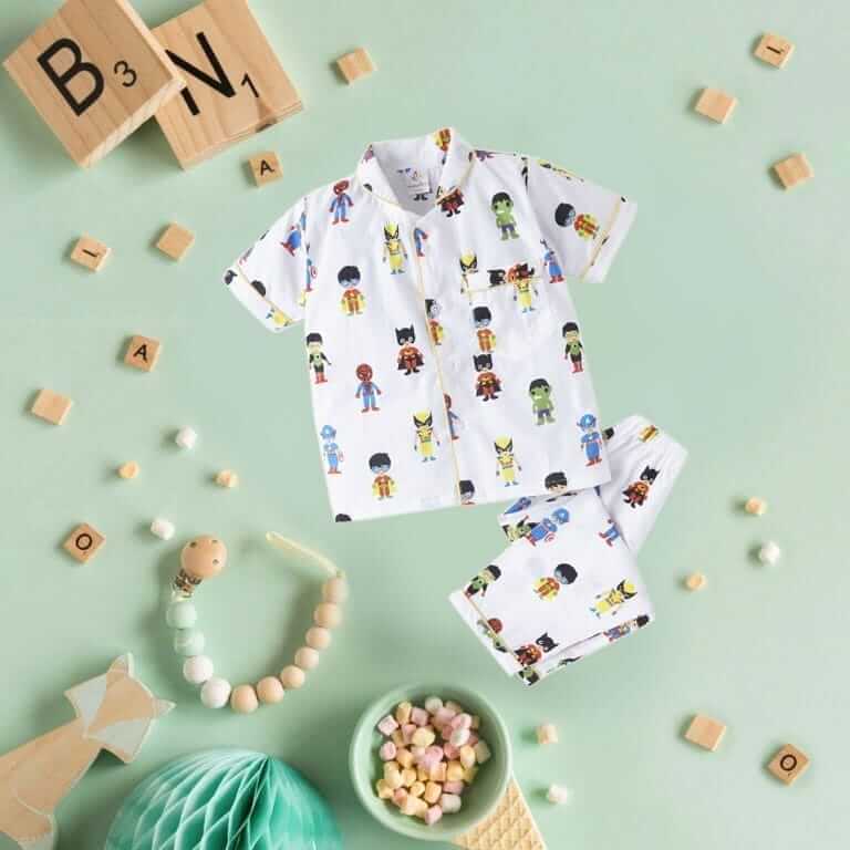 Kids Sleepsuit for Baby Boys and Girls Long Sleeve Topwear and Pajamas Set Baby Clothing Sleepwear Set White Superhero Theme Perfect for Newborns and Toddlers