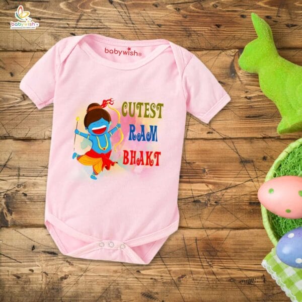 Baby First Ramnavmi Romper Onesies Clothes Baby Navratri festival Bodysuits Newborn Outfit Envelop Neck Half Sleeve Unisex Onesies" Cutest Ram Bhakt " - Image 3