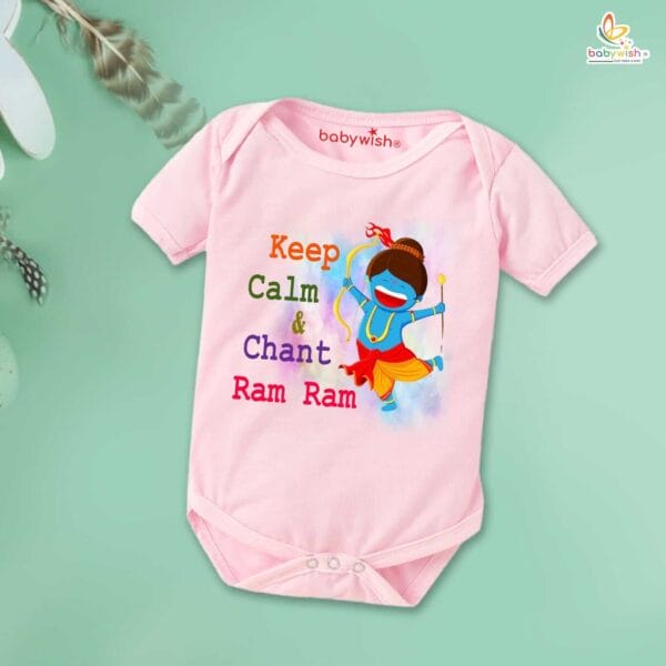 Baby First Ramnavmi Romper Onesies Clothes Baby Navratri festival Bodysuits Newborn Outfit Envelop Neck Half Sleeve Unisex Onesies" Keep Calm & Chant Ram Ram " - Image 4