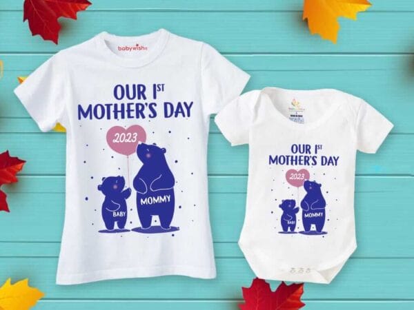 Mothers Day Special Combo White T-Shirts and Romper Sets for Mother and baby Combo Pack of 2