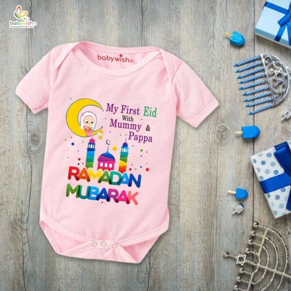 Baby First Eid Romper Clothes Baby Ramadan festival Bodysuits Newborn Outfit Envelop Neck Half Sleeve Unisex Onesies "My First Eid with Mummy & Papa" - Image 3